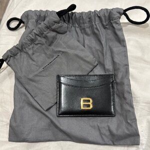 Balenciaga Black Leather Card Holder with Gold Logo